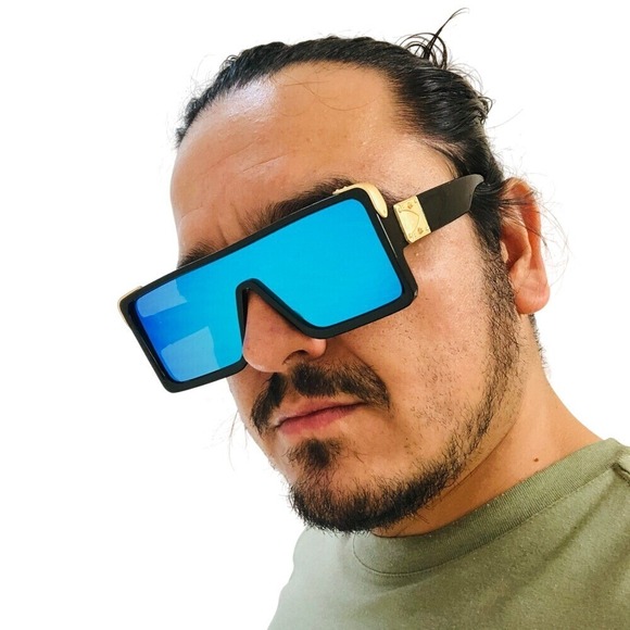 Men Sunglasses Flat Top Shield Blue Mirrored Lens‎ Fashion Sunglasses Men Lentes - Picture 3 of 3